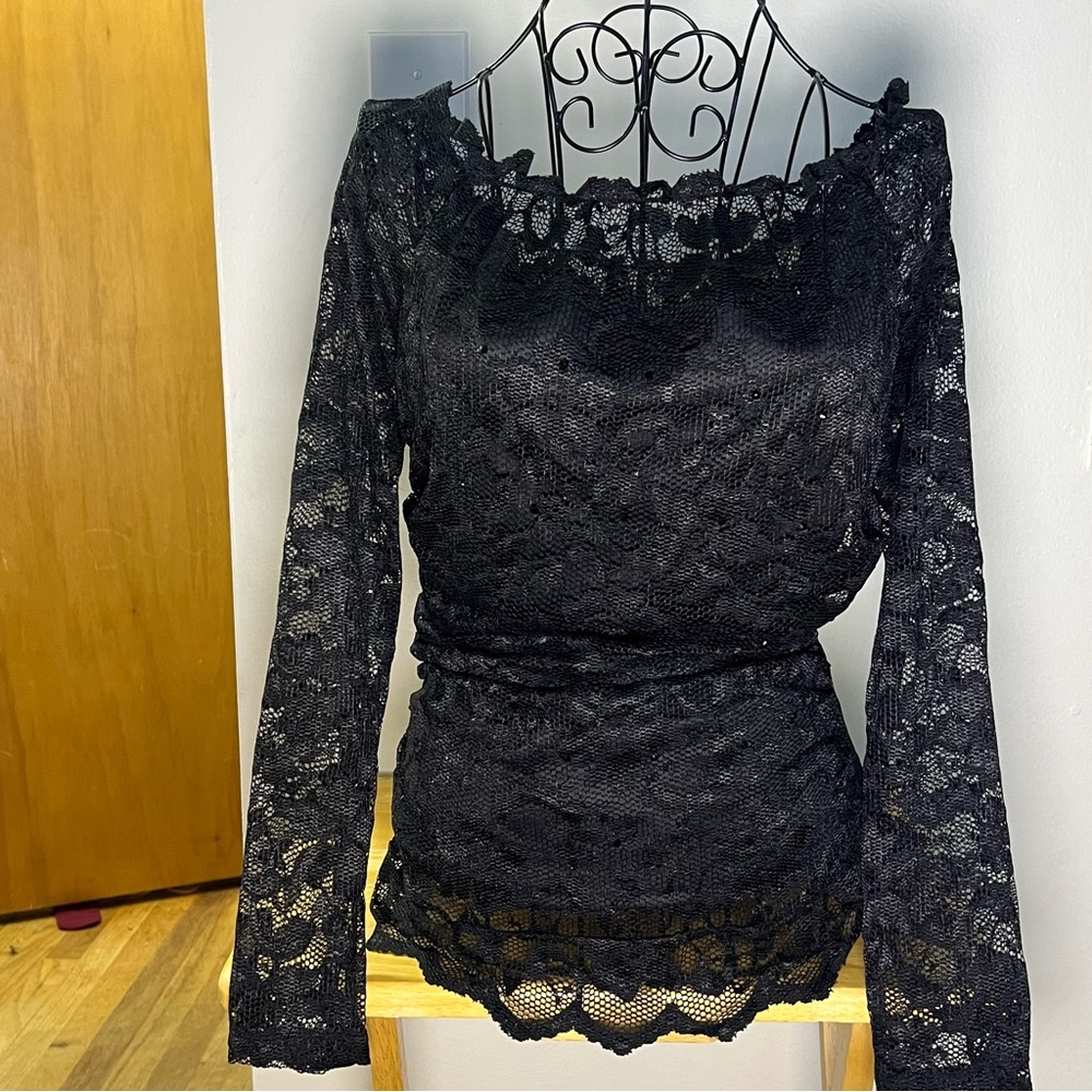 Colleen Lopez Black Lace Blouse long sleeve off shoulders embellished‎ size M - Picture 2 of 9